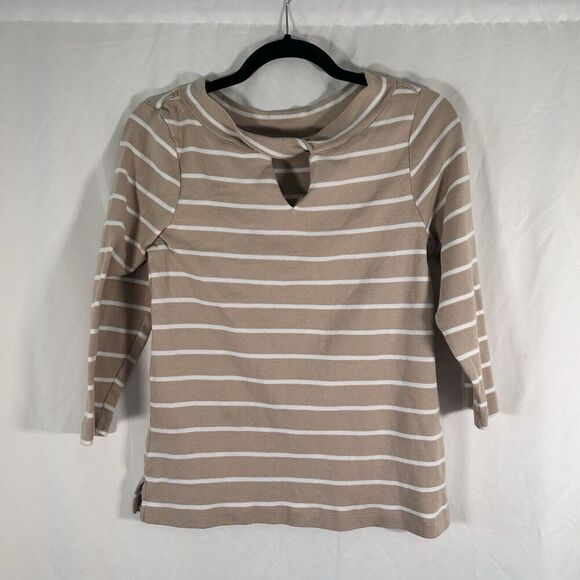Chico's Tops - Chico's Blouse Women's Small Beige White Striped 3/4 Sleeve Round Neck Cotton